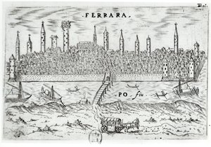 Panoramablick auf Ferrara vom gegenüberliegenden Ufer des Po von Italian School